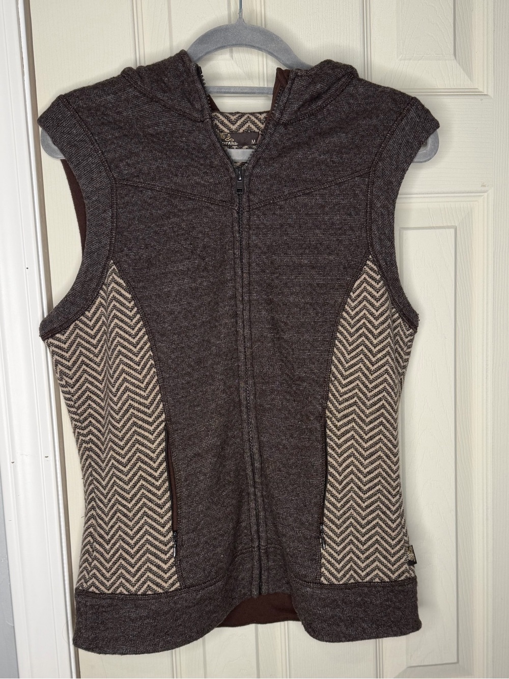 Prana Brown Hooded Zip Vest with Cream Chevron Lining